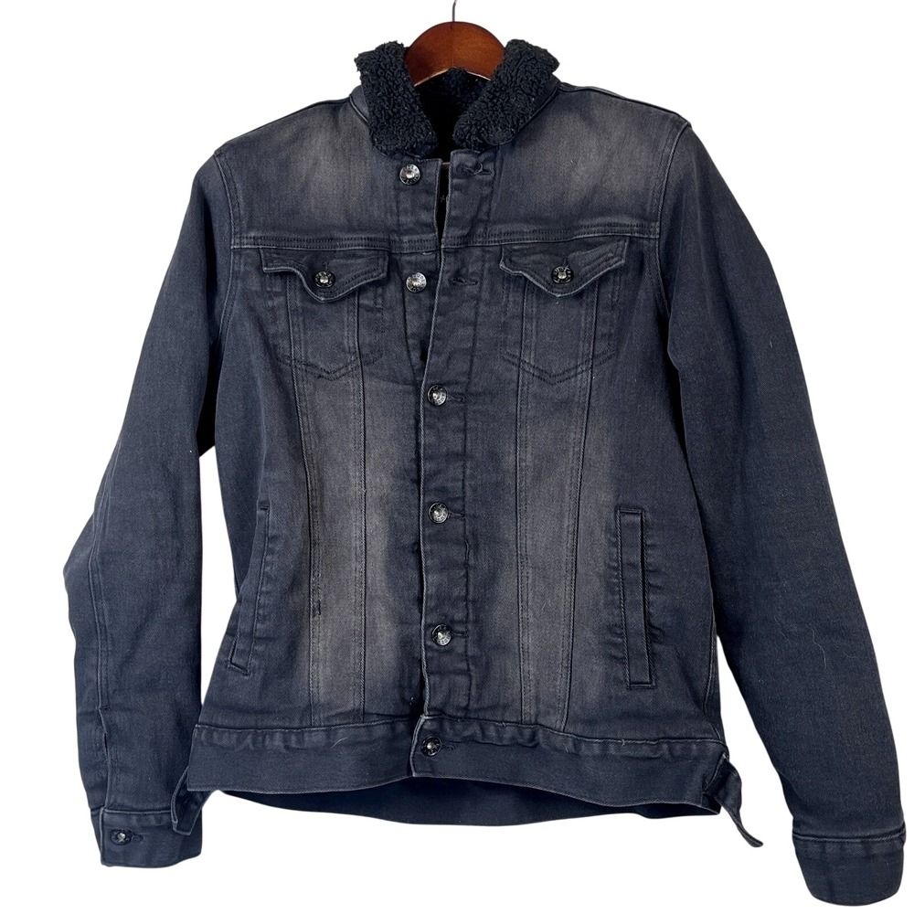 XXX RUDE Mens S Black Denim Sherpa Lined Trucker Jacket Faded Grunge Streetwear